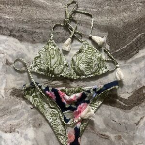 Maaji Pink & Green Tassels Reversible Bikini